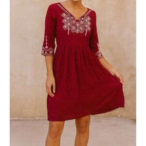 MikaRose sz M Women Maroon Aztec Embroidered VNeck Fit Flare Dress Bohemian Fall
